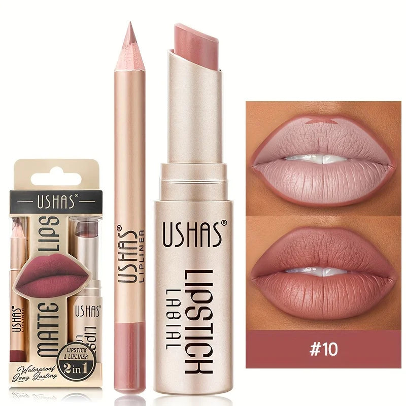 USHAS 12-Color Matte Lipstick & Lip Liner Set – Long-Lasting, Waterproof, Non-Stick Cup Makeup Kit
