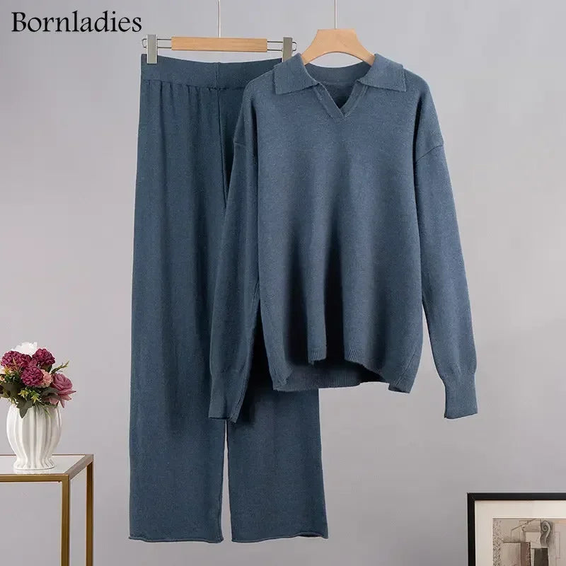Women's Winter 2-Piece Knit Set – Polo Neck Sweater and Wide Leg Pants Lounge Outfit for Cold Weather