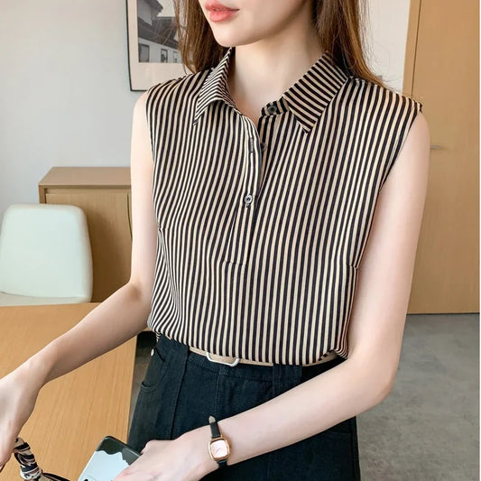 Striped Sleeveless V-Neck Blouse for Women – Slim Fit Chiffon Office Shirt, Elegant Summer Fashion