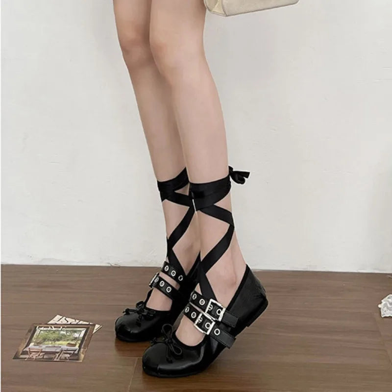 Silk-Inspired Ballet Flats with Butterfly-Knot – Round Toe Lolita Style Flats for Women