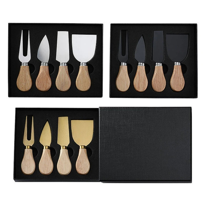 6/4pcs Stainless Steel Cheese Knives Set with Walnut Handle – Fork, Spreader, and Slicer with Gift Box