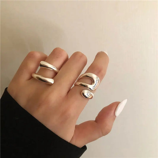 2-Piece Geometric Hollow Wide Rings – Gold-Tone Waterproof Layered Statement Jewelry for Women