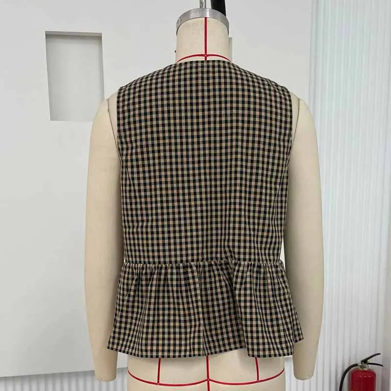 Women's Y2K Peplum Tank Top – Lace-Up Tie Front Sleeveless Crop Shirt with Ruffle Hem and Plaid Pattern for Summer Outfits
