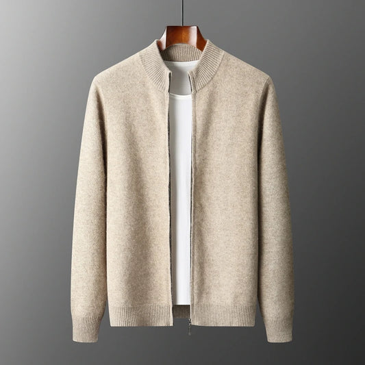 100% Merino Wool Men’s Zip Cardigan – Thick Warm Knitted Sweater with Mock Collar, Long Sleeve Casual Wool Top for Autumn & Winter