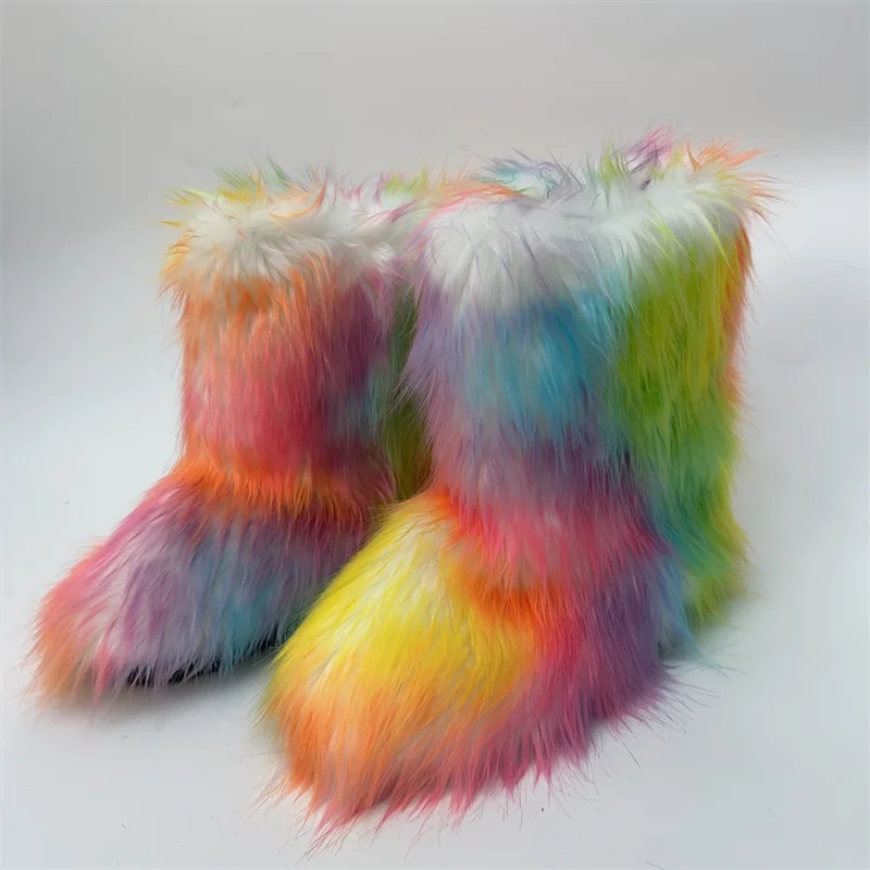 Women's Faux Fur Winter Snow Boots – Mid-Calf Plush Furry Slip-On Boots with Warm Lining and Rubber Sole