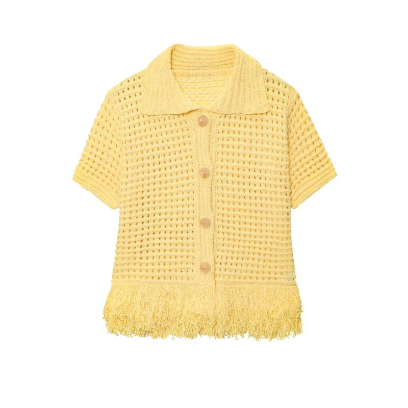Women's Elegant Knit Two-Piece Set – Tassel Embellished Hollow Out Short Sleeve Blouse & Mini Skirt