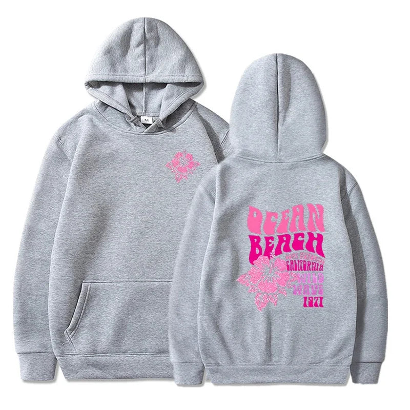 Beach Aesthetic Pink Hoodie with Ocean Flower Slogan – Casual Fleece Pullover Sweatshirt for Women