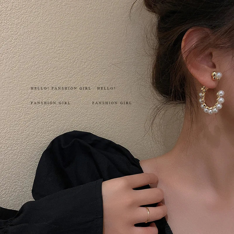 C-Shape Metal Pearl Stud Earrings – Fashionable Irregular Design for Women and Girls