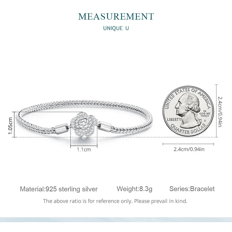 925 Sterling Silver Rose Buckle Snake Chain Bracelet with Zircon – DIY Charm Bracelet for Women