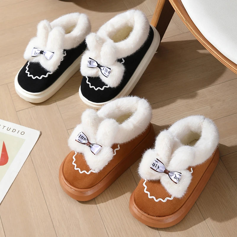 Women's Cute Furry Rabbit Ear Winter Snow Boots – Faux Fur Ankle Boots with Thick Sole and Plush Lining