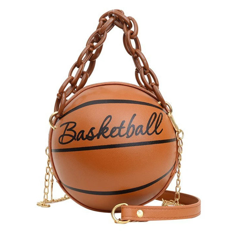 Women's Round Basketball Handbag – PU Leather Crossbody Bag with Zipper Closure & Cartoon Letter Detail