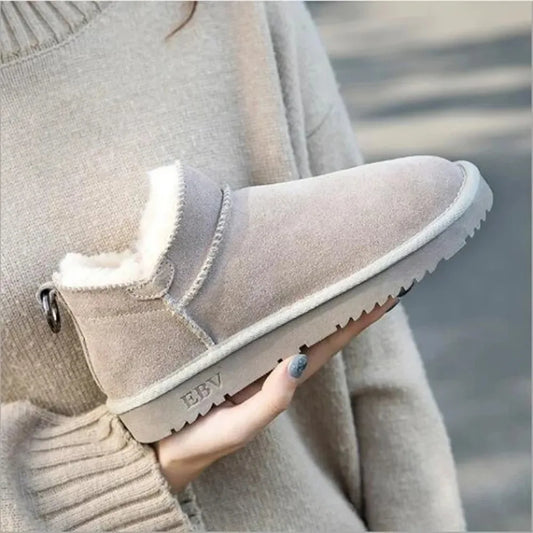 Women's Cow Suede Snow Boots – Short Plush Lined Mid-Calf Winter Boots with Anti-Slip Sole
