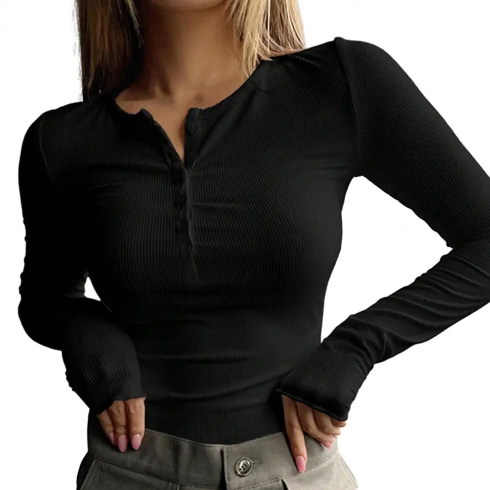 Slim Fit Long Sleeve Pullover Blouse – Women's Solid O-Neck Button Top for Autumn and Spring