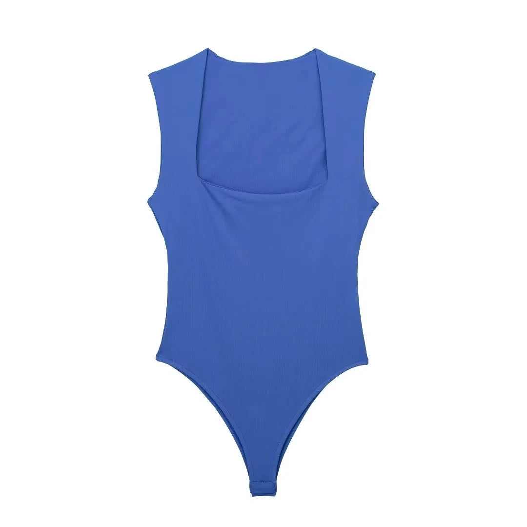 Square Neck Sleeveless Bodysuit – Skinny Fit One-Piece for Women, Solid Color Streetwear Style