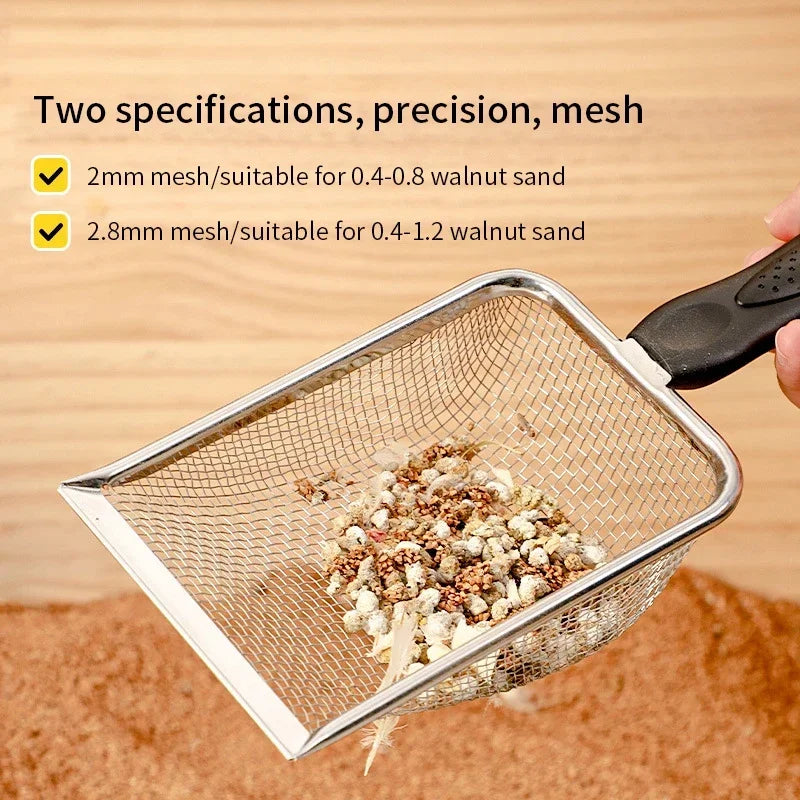 Stainless Steel Cat Litter Scoop – Fine Mesh Shovel for Reptile Sand and Pet Bedding Cleanup
