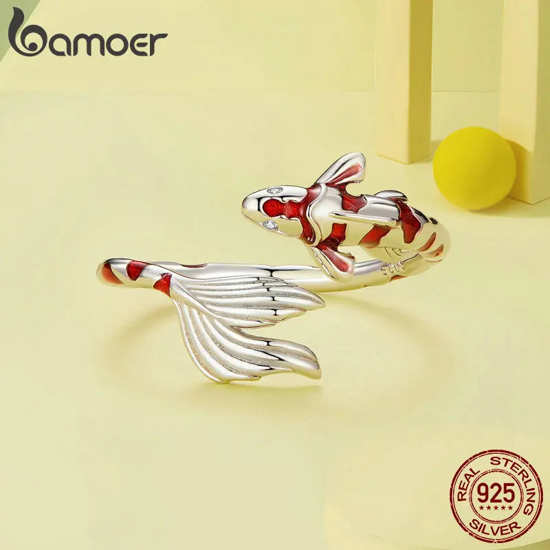 Adjustable Red Koi Fish Ring in 925 Sterling Silver – Lucky Animal Cocktail Ring with Zircon Detail