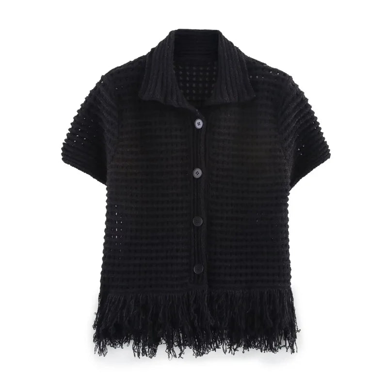 Women's Elegant Knit Two-Piece Set – Tassel Embellished Hollow Out Short Sleeve Blouse & Mini Skirt