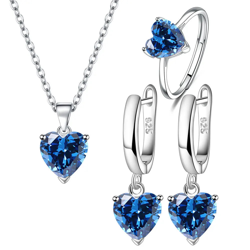 925 Sterling Silver Heart Zircon Jewelry Set – Necklace, Earrings & Ring for Women, Elegant Wedding & Engagement Accessory