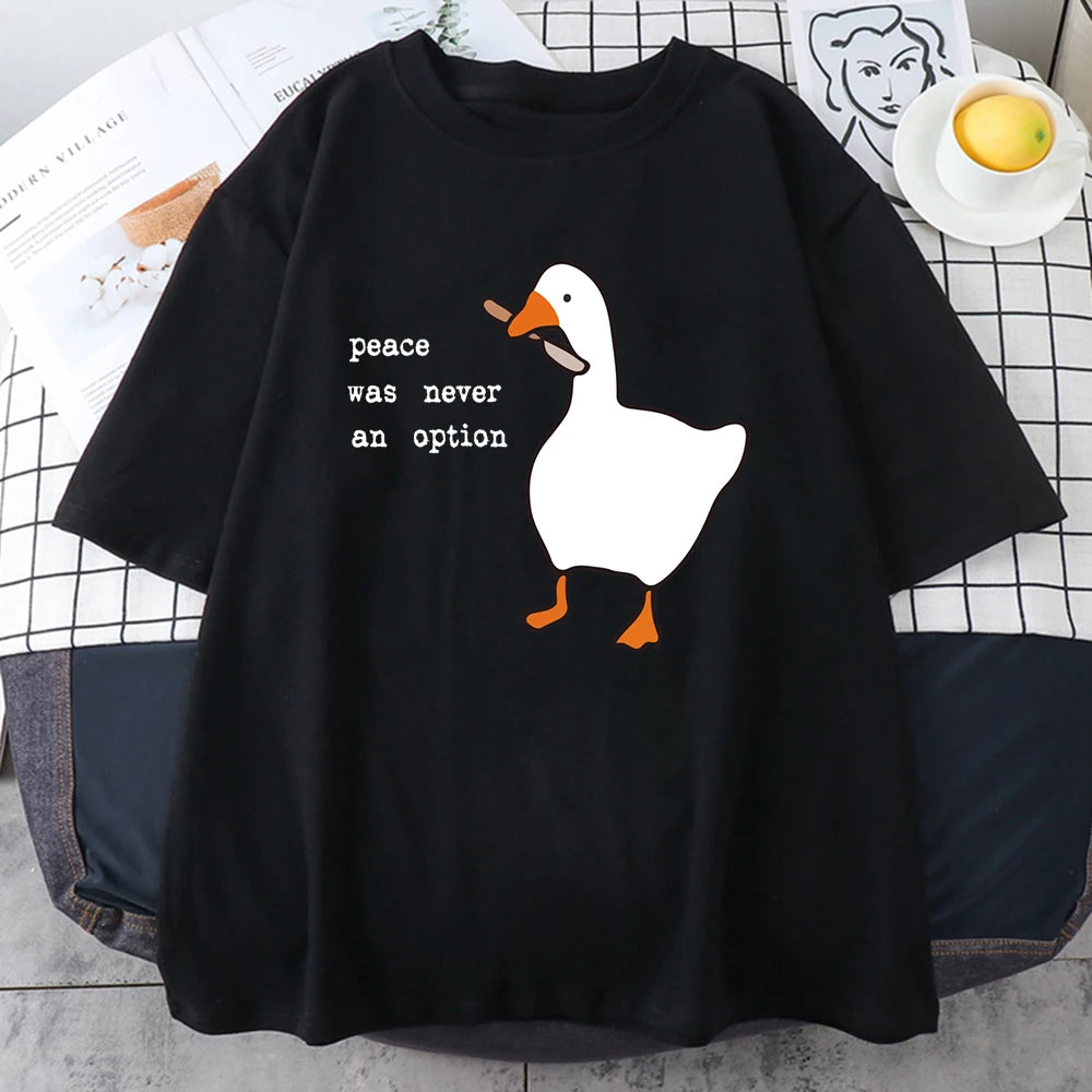 "Peace Was Never An Option" Graphic Cotton T-Shirt – Casual Loose Fit Cartoon Print for Men