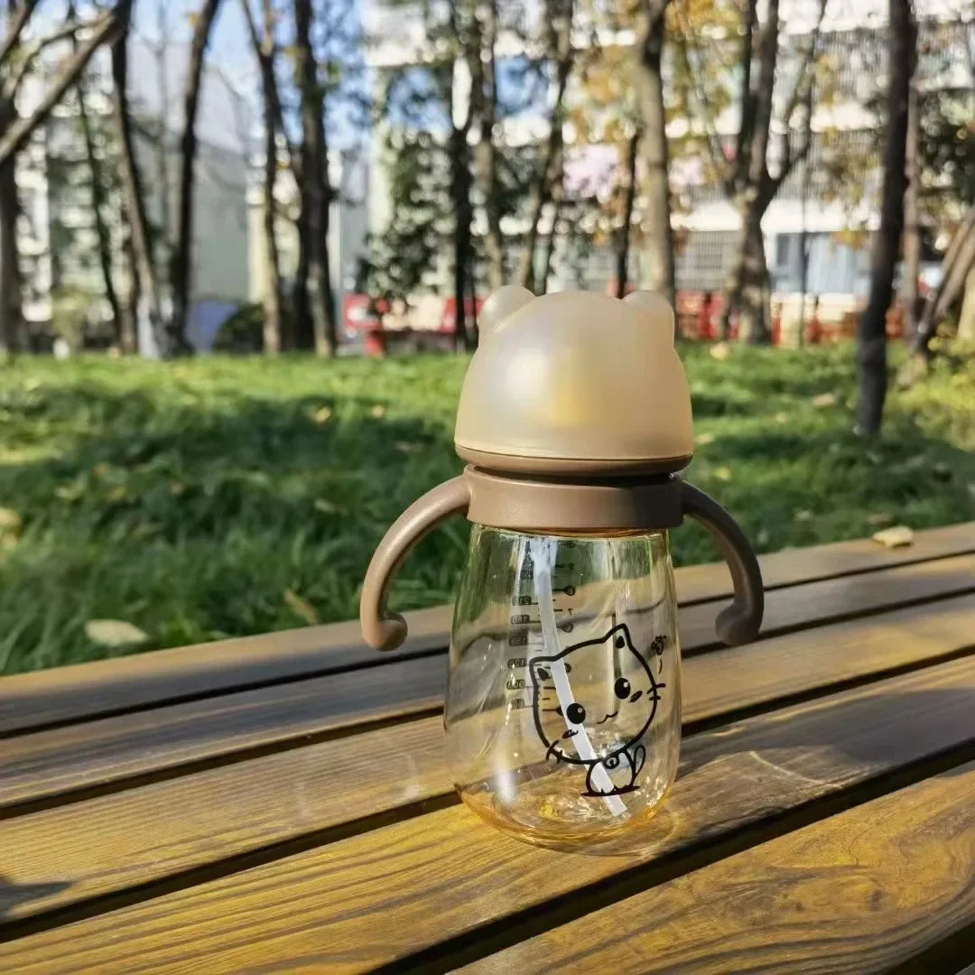 300ml PPSU Baby Bottle with Straw – Wide-Caliber Feeding Cup with Double Handles, Drop-Proof Design for Infants and Toddlers