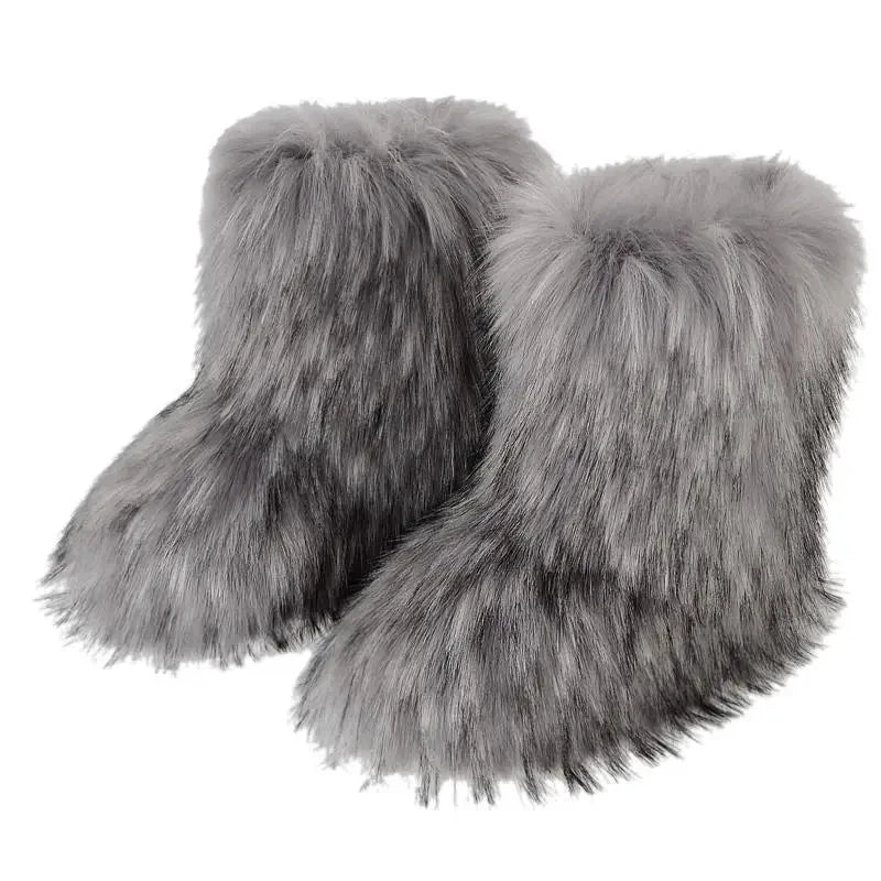 Women's Faux Fur Winter Snow Boots – Mid-Calf Plush Furry Slip-On Boots with Warm Lining and Rubber Sole