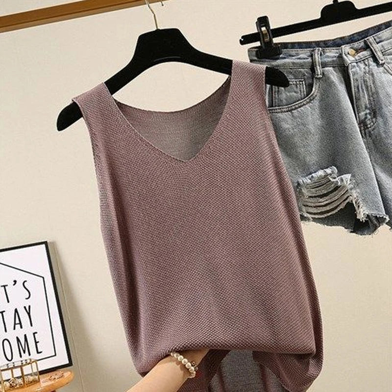 Sleeveless Knitted V-Neck Blouse for Women – Summer Casual Straight-Fit Top