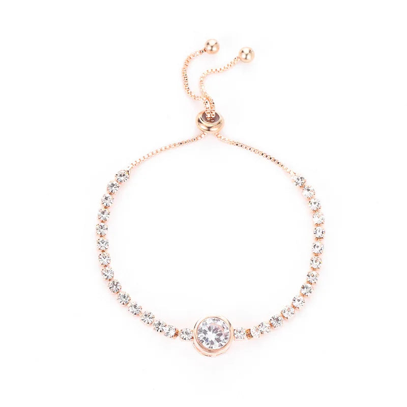 18K Gold Plated Adjustable Bracelet for Women – Rhinestone Heart Link with Square Zircon Charm
