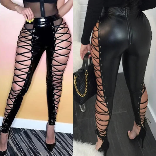 Women’s Lace-Up Faux Leather Pants – High Waist Cut-Out Bandage Trousers with Drawstring Detail for Autumn/Winter Chic Streetwear