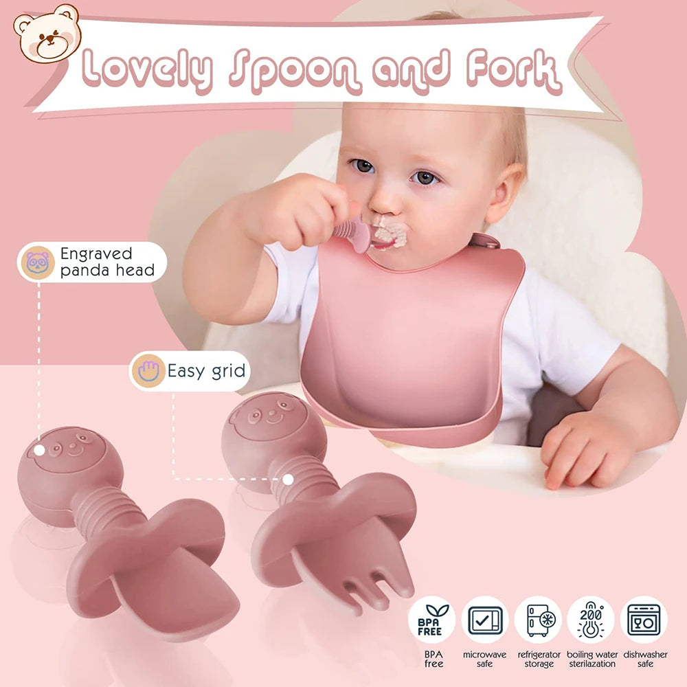 Children's Silicone Tableware Set – 6/8-Piece Baby Feeding Kit with Suction Bowl, Fork, Spoon, Bib, Straw & Cup