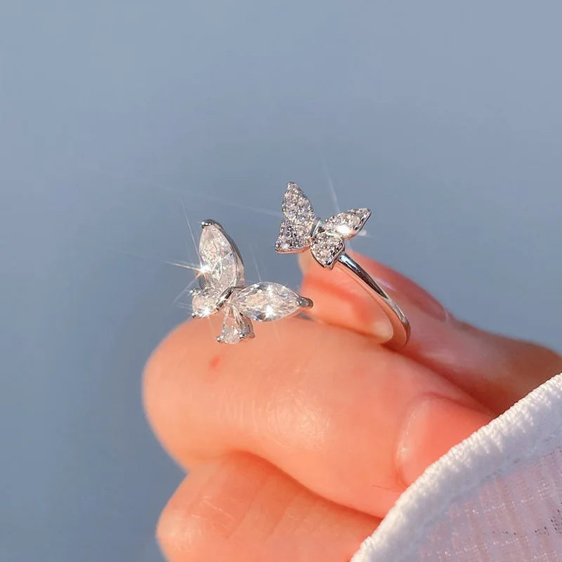 925 Sterling Silver Butterfly Open Ring with Zircon – Elegant Adjustable Cocktail Ring for Women