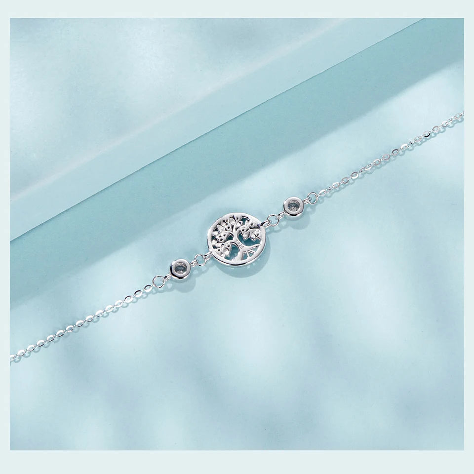 Tree of Life Bracelet – 925 Sterling Silver Adjustable Chain with Zircon Accents for Women