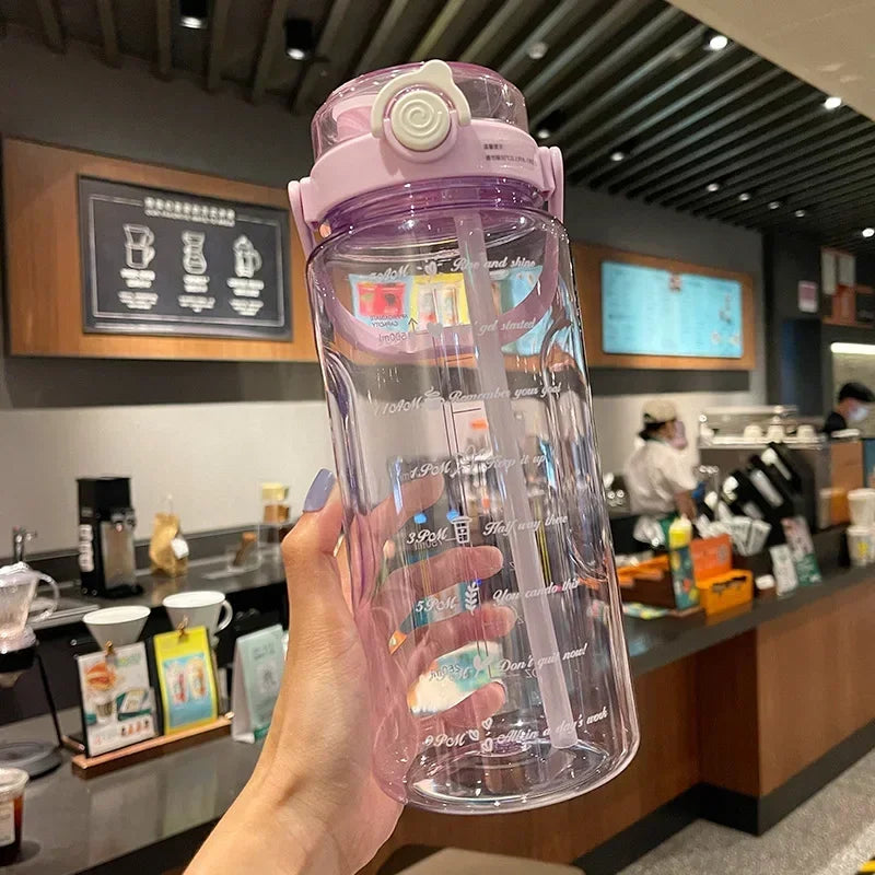 1.5L/2L Large Capacity Sports Water Bottle with Straw – Time Marker Plastic Travel Cup for Cold Juice & Hydration