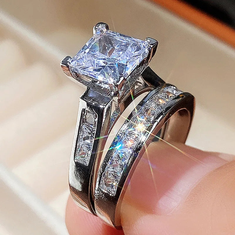 18K White Gold 2-Piece Cushion Cut Diamond Ring Set for Women – 2 Carat Four-Prong Engagement and Wedding Bands with Side Stones