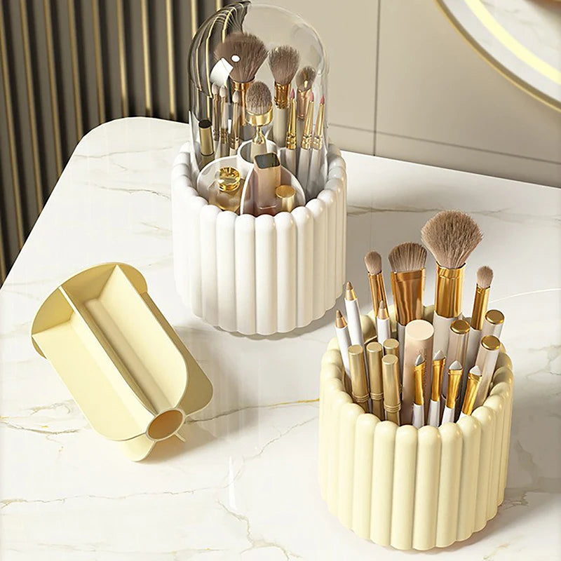 360° Rotating Makeup Brush Holder with Lid – Dustproof Lipstick & Cosmetic Organizer Storage Box