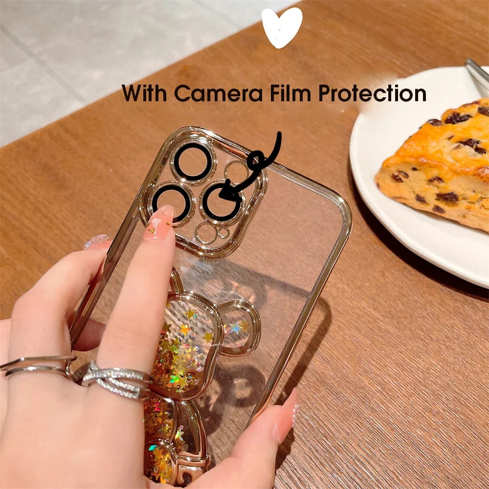 Cartoon Bear Glitter Quicksand Case for iPhone 7/8 Plus/X/XS/XR/11/12/13/14/15/16 Series – Transparent TPU Cover with Plating and Camera Protection
