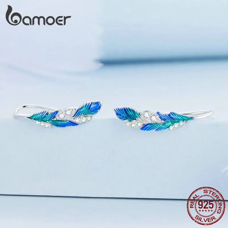 925 Sterling Silver Blue Feather Drop Earrings with CZ – Elegant Gift for Women