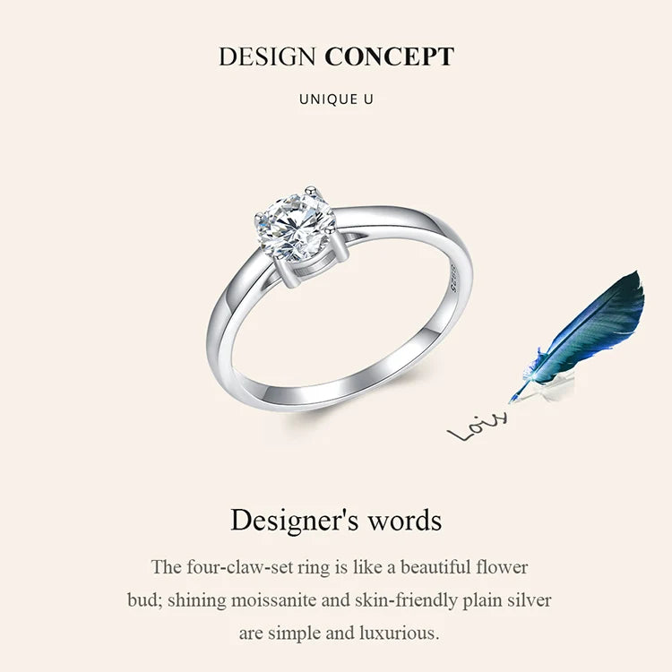 0.6 Carat Round Moissanite Engagement Ring – Platinum Plated 925 Sterling Silver Solitaire with 4-Prong Setting for Women