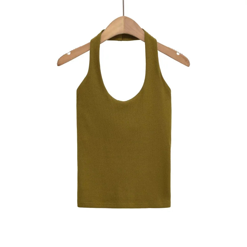 Slim Fit Stretch Backless Halter Top – Sexy Solid Color Neck-Hang Summer Tank for Women