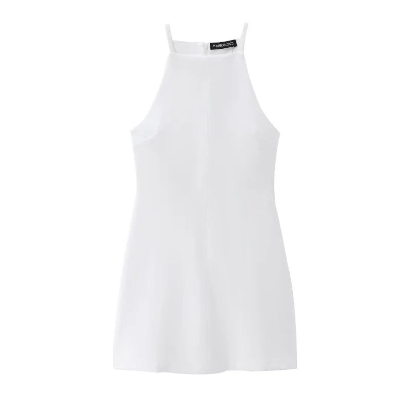 Stretch Knit Halter Mini Dress – 2024 TRAF Sleeveless A-Line Summer Fit with Interlock Neck