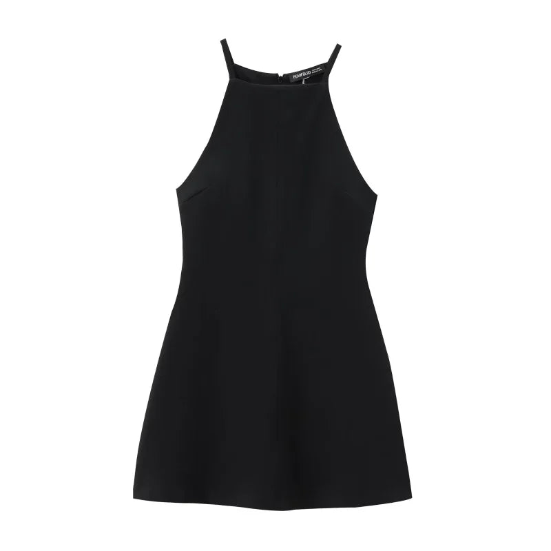 Stretch Knit Halter Mini Dress – 2024 TRAF Sleeveless A-Line Summer Fit with Interlock Neck