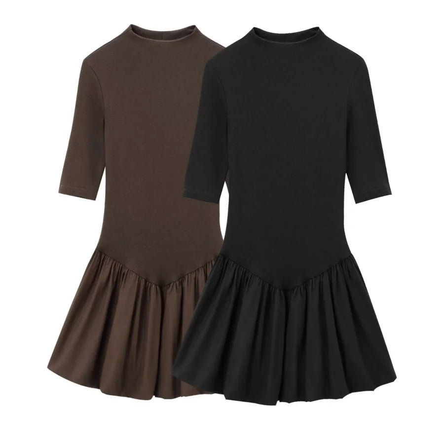 Women's Slim Patchwork Poplin Mini Dress – Short Sleeve Standing Collar Preppy Style Dress for Autumn Winter