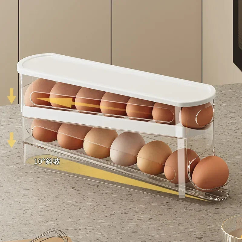 Two-Tier Automatic Rolling Egg Storage Box – Ladder Style Egg Organizer for Refrigerator