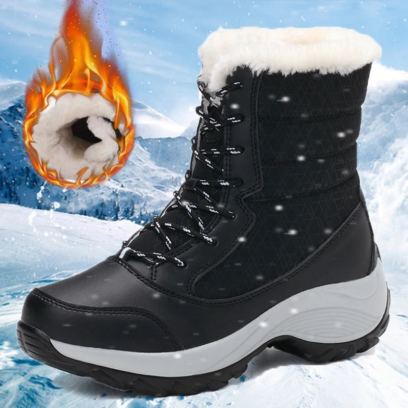 Women's Mid-Calf Winter Boots – Warm Plush Lined Platform Boots with Wedge Heel and Lace-Up Design