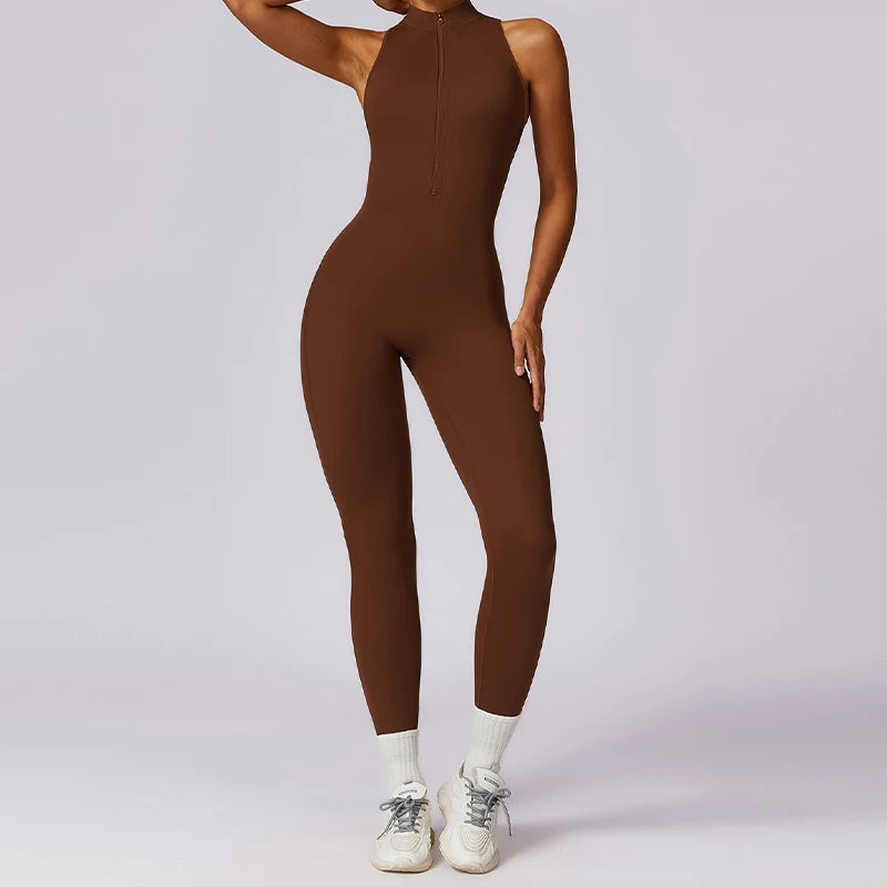 V-Back One-Piece Sports Jumpsuit for Women – Sleeveless Zipper Workout Romper for Yoga, Running & Fitness