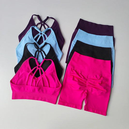 Women's Quick-Dry Yoga Set – High-Waisted Shorts & Beautiful Back Suspender Bra