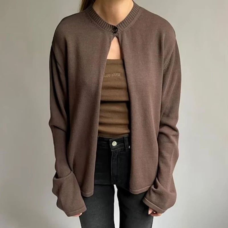 Women's Y2K Slim Fit Knitted Cardigan – One Button O-Neck Long Sleeve Pullover Sweater for Autumn and Winter Vintage Style