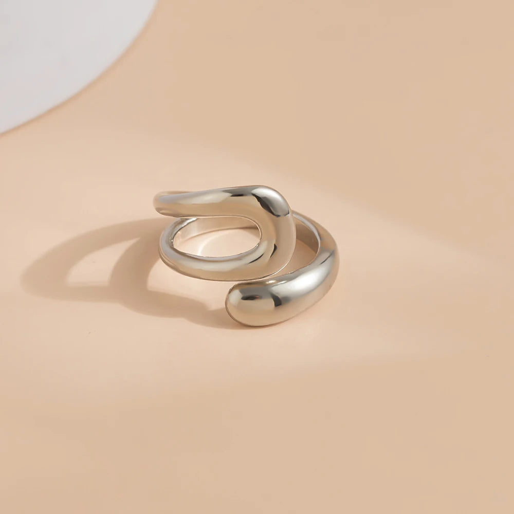 2-Piece Geometric Hollow Wide Rings – Gold-Tone Waterproof Layered Statement Jewelry for Women