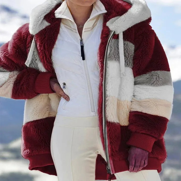 Women's Oversized Plush Hooded Jacket – Warm Loose Fit Zip-Up Streetwear Outerwear with Pockets