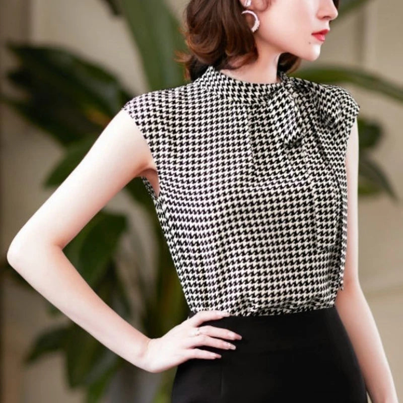 Women's Summer Sleeveless Chiffon Blouse – Korean Houndstooth Print with Bow Lacing and Stand Collar