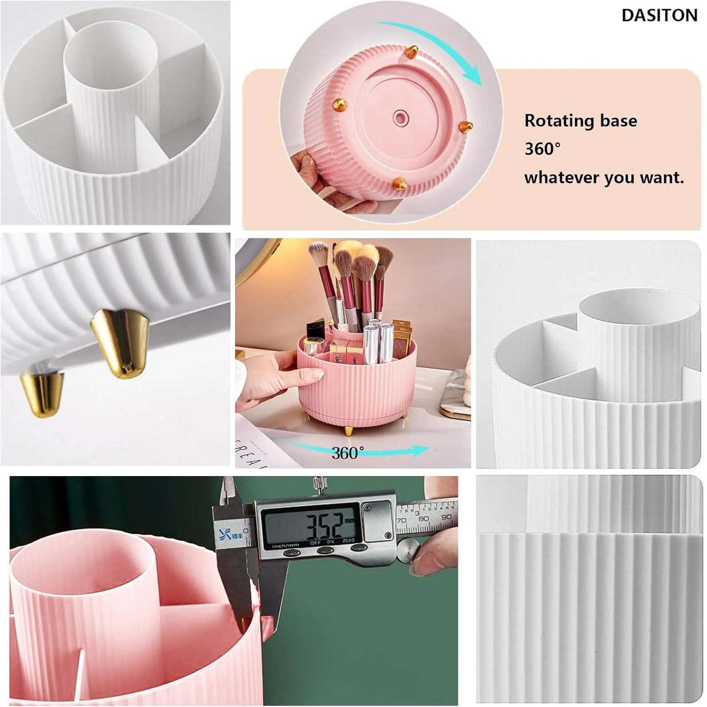 360° Rotating Makeup Organizer Box – Multi-Compartment Brush & Lipstick Holder with Vertical Stripe Design